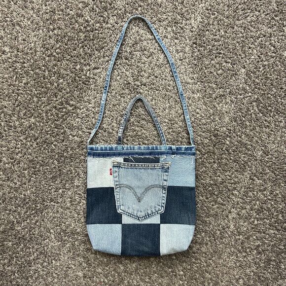 Handmade Denim Mini Bag Patchwork Tote Bag Vintage Jeans Faded Blue 3x10x12 - Picture 2 of 12